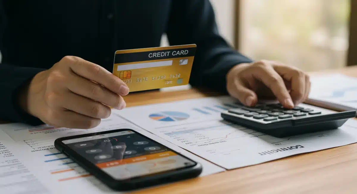 Person actively managing credit card and finances with a calculator and banking app.