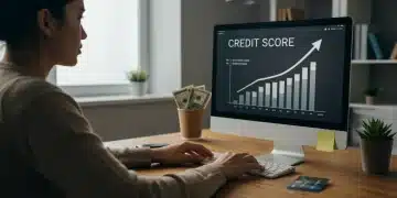 Confident person viewing a rising credit score on a laptop, symbolizing financial improvement in the US.
