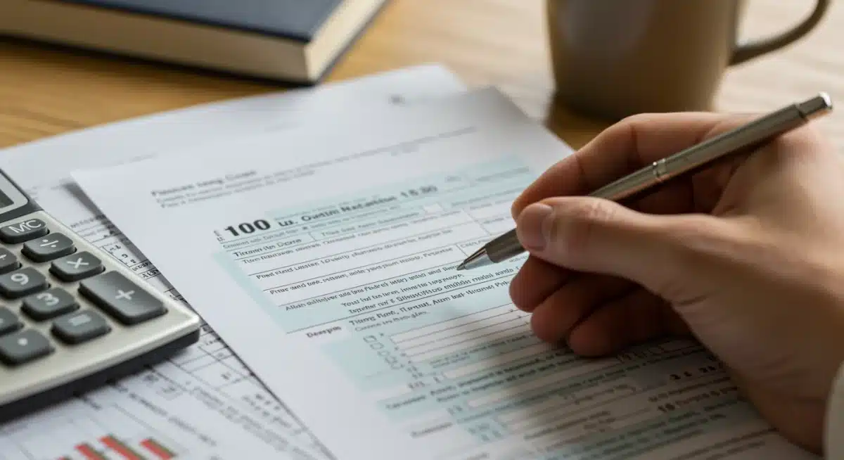 Person analyzing tax forms and financial documents for retirement planning.