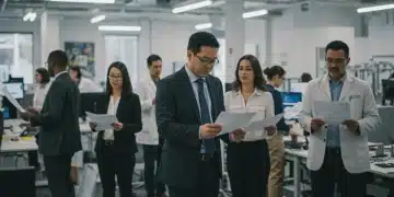 Professionals collaborating in a modern office, symbolizing a dynamic US job market.