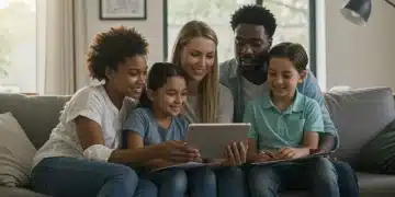 Family reviewing financial documents on a tablet, symbolizing 2025 Child Tax Credit planning.