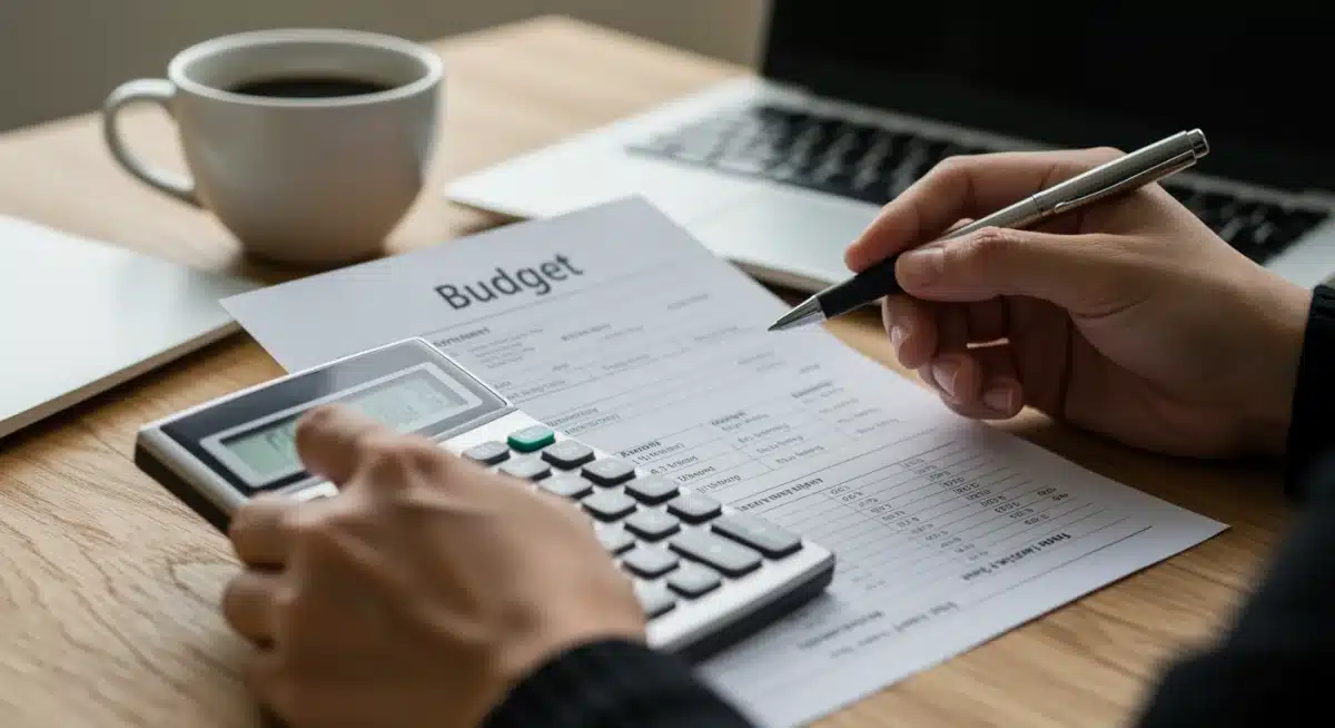 Person meticulously reviewing a personal budget with a calculator and pen