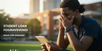 Relieved student reviewing student loan forgiveness documents on tablet