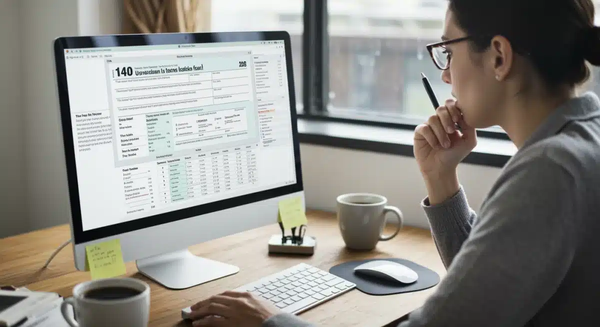Person reviewing tax forms and financial data on a computer for early 2025 tax returns.