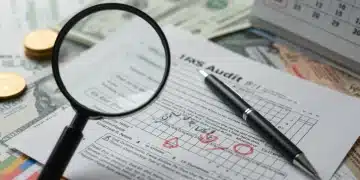 Magnifying glass scrutinizing tax forms, symbolizing IRS audit triggers for 2026.