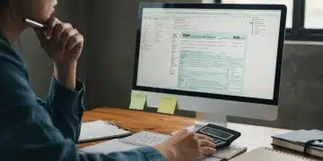 Thoughtful individual analyzing 2026 tax forms and financial data on a computer for optimal savings.