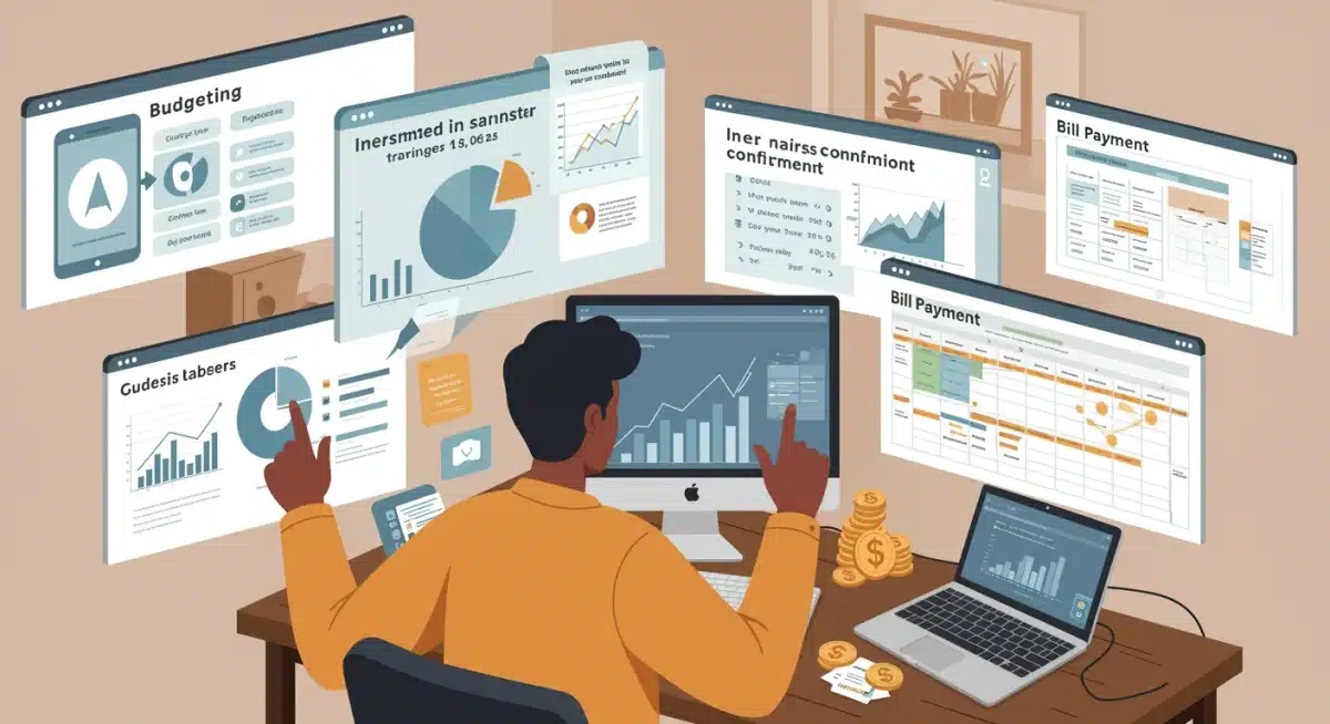 Person managing finances effortlessly on multiple digital screens