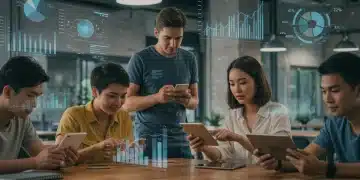 Diverse individuals using personal finance apps on mobile devices in a modern co-working space, illustrating financial management in 2026.