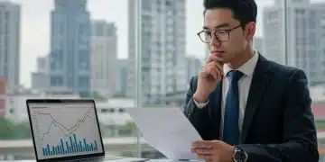 Thoughtful professional reviewing private student loan refinancing documents and interest rate charts for 2026.
