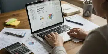 Student reviews loan documents on laptop