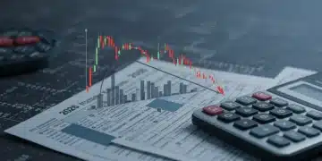 Financial chart showing investment losses and gains with tax forms and a calculator, symbolizing strategic tax loss harvesting.