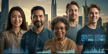 Optimistic consumers in a thriving future city, representing strong economic confidence in 2026.