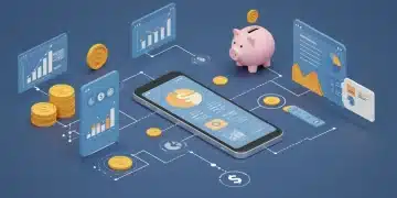 Futuristic mobile screens displaying personal finance app dashboards with charts, budgets, and investment portfolios, symbolizing modern money management.