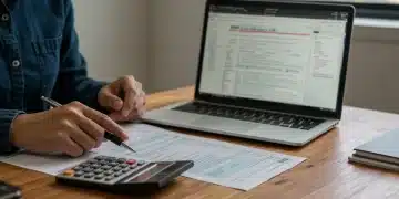 Thoughtful person analyzing tax forms, calculator, and laptop for tax deduction choice