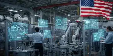 Futuristic US manufacturing facility with robots and human collaboration