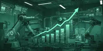 Futuristic factory floor with robots and growth charts, symbolizing US manufacturing output growth in 2026.