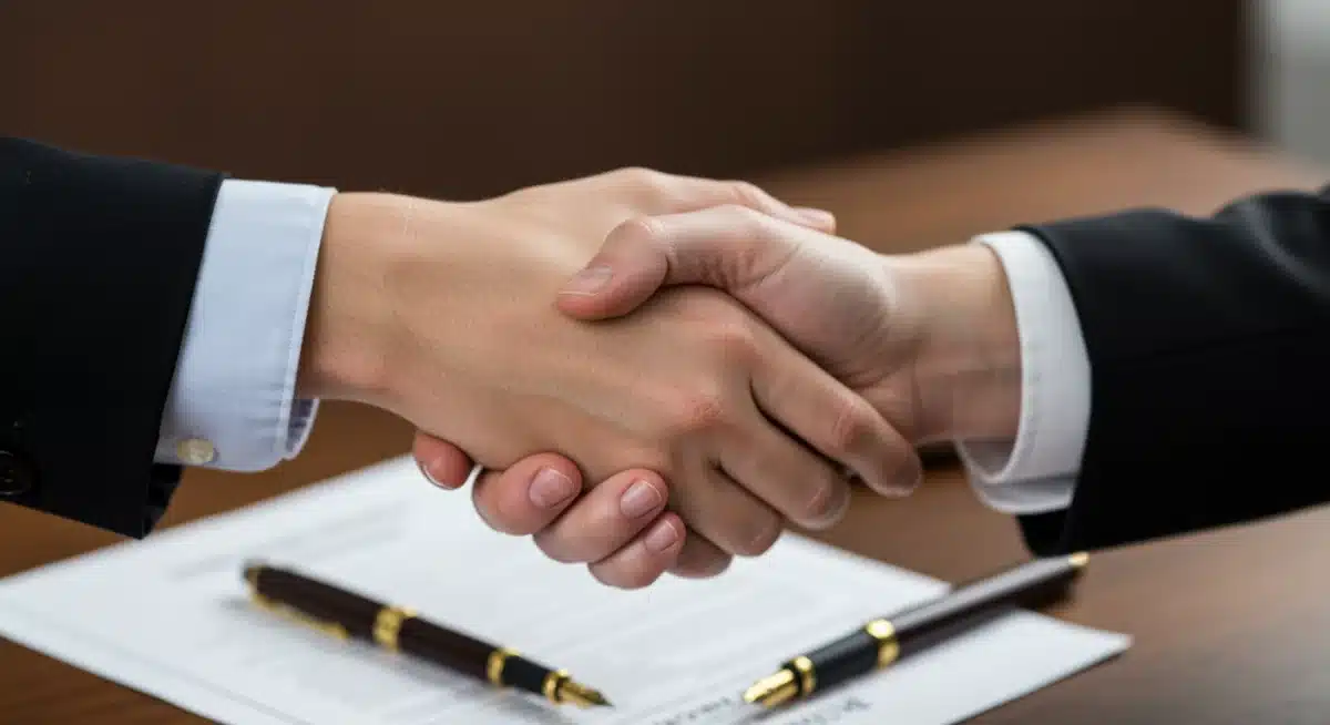 Manos cerrando un acuerdo legal, simbolizando la formalización de una herencia o donación.