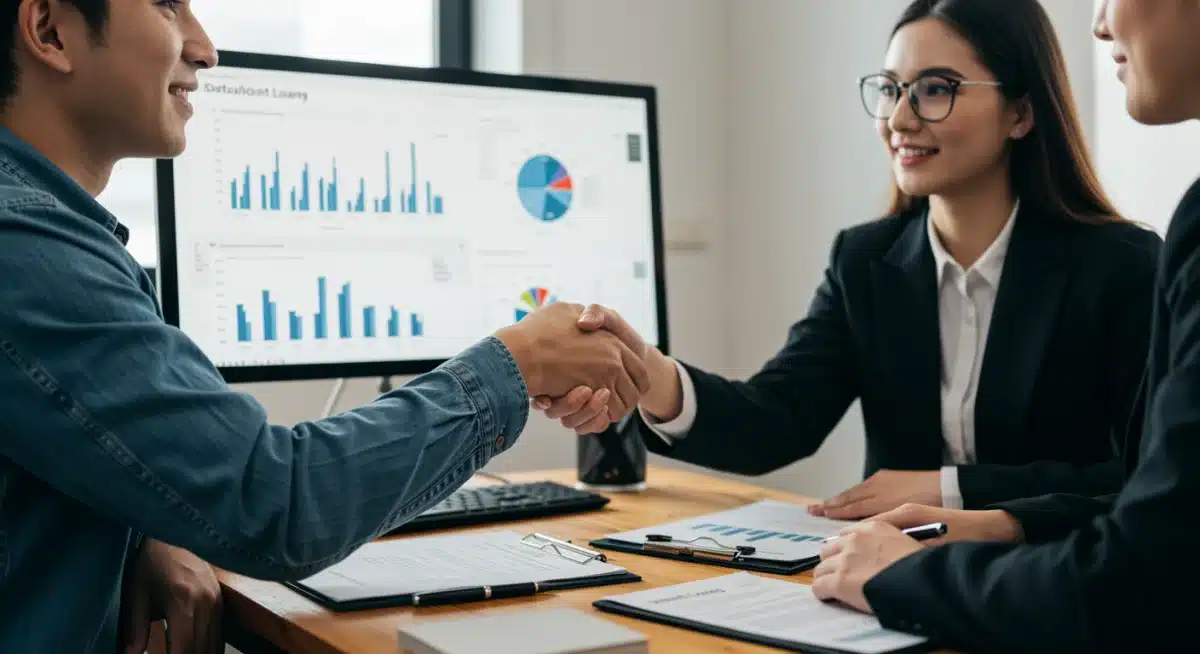 Estudiante y asesor financiero cerrando un acuerdo exitoso de préstamo