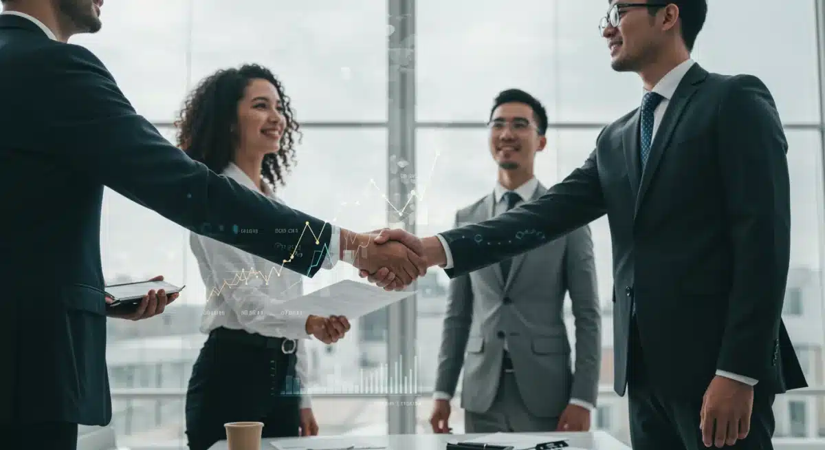 Profesionales de negocios de diversas culturas cerrando un acuerdo, simbolizando la colaboración en acuerdos comerciales internacionales.