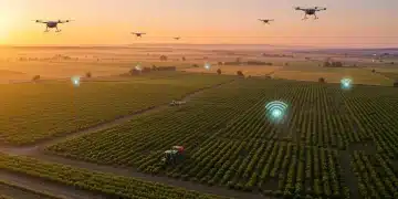 Campo español moderno con tecnología agrícola avanzada al amanecer
