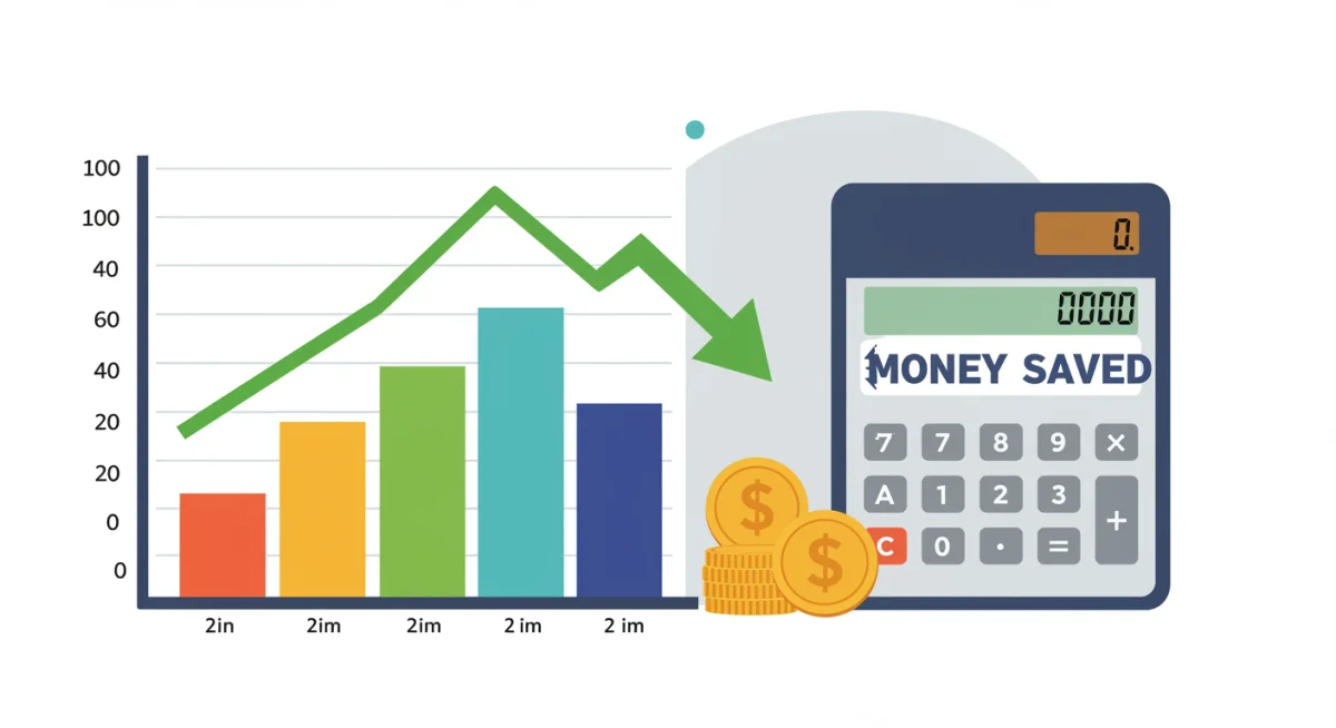 Gráfico de ahorro energético y calculadora mostrando beneficios económicos de la eficiencia.
