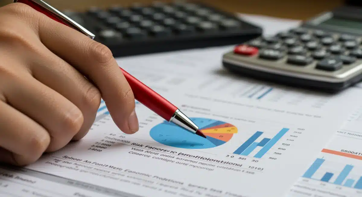 Mano señalando factores de riesgo en un informe financiero, representando la importancia del análisis detallado en inversiones.