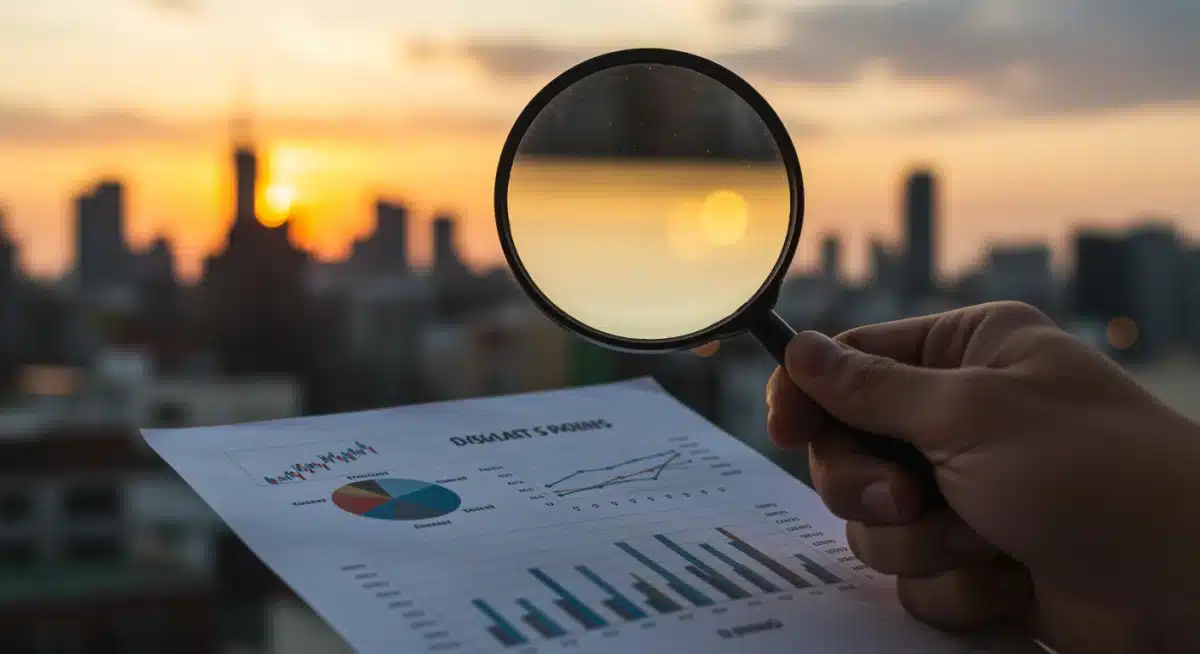 Mano con lupa examinando documentos financieros sobre inversión I+D+i en España.