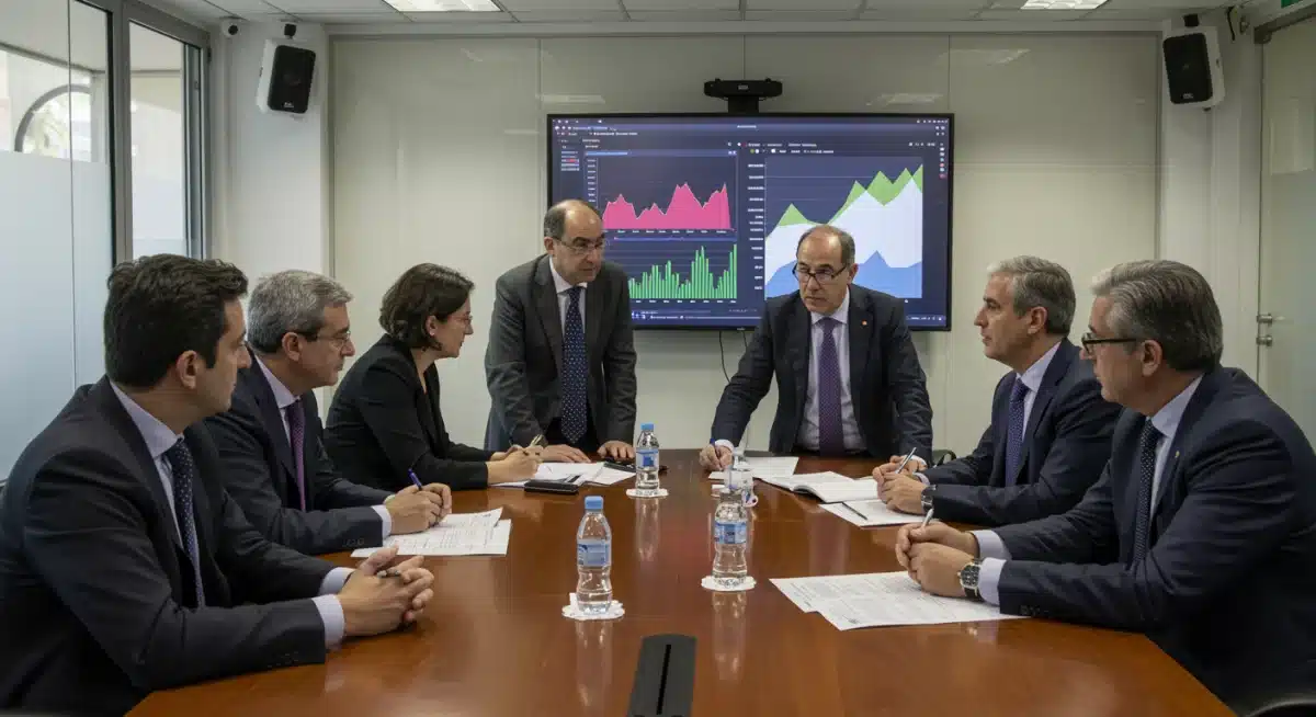 Expertos analizando datos económicos de España en una sala de conferencias