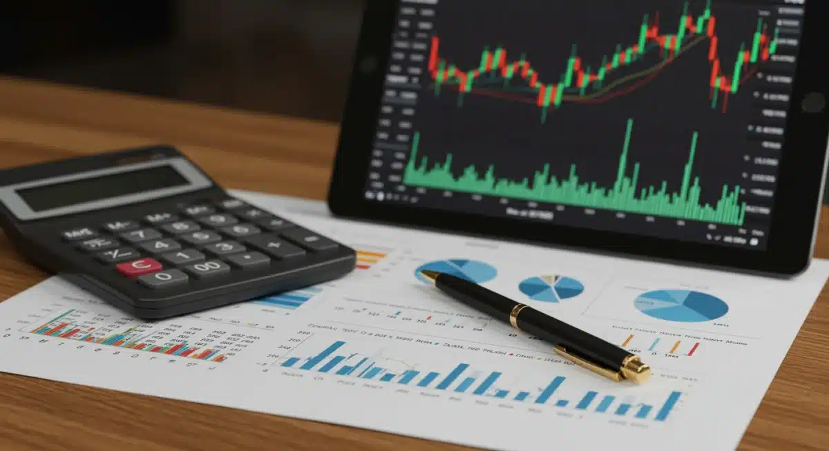 Documentos financieros, calculadora y tableta con datos bursátiles, representando análisis de dividendos.