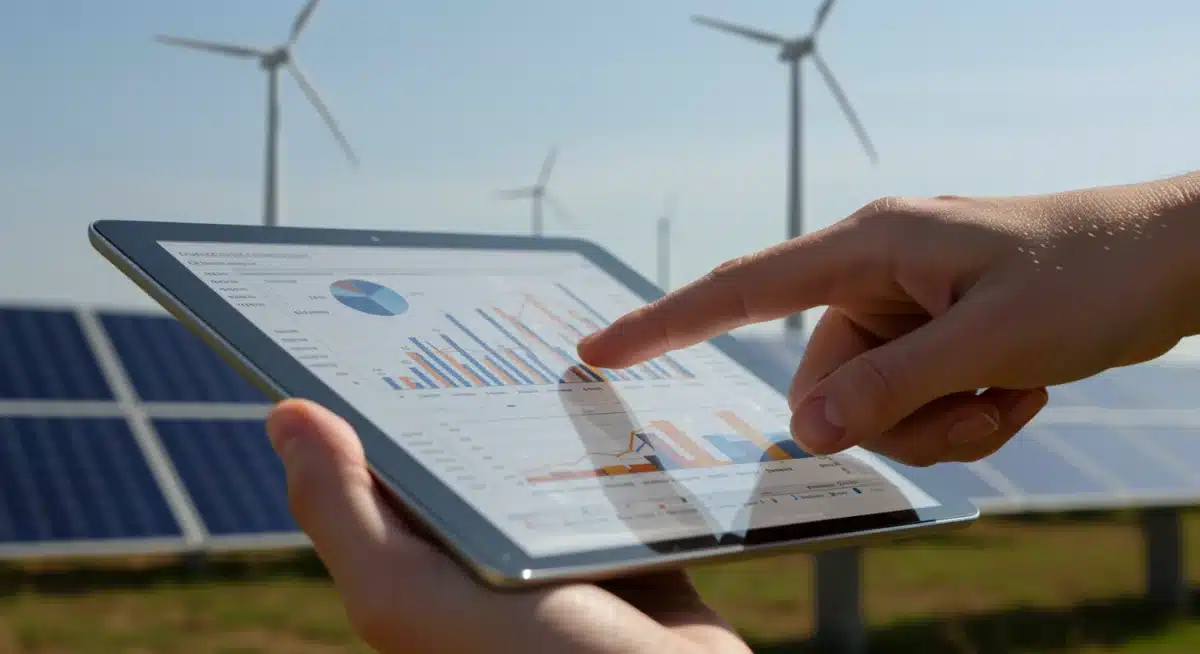 Mano señalando proyecciones de crecimiento en informe financiero sobre energías renovables en España.