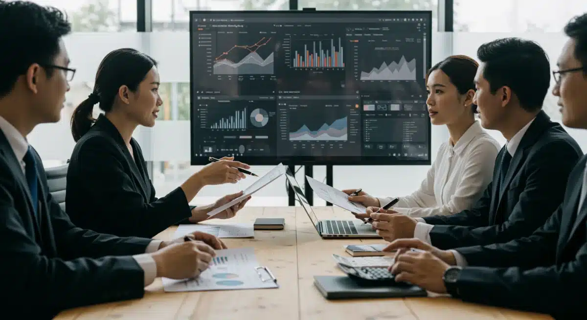 Inversores analizando planes de negocio y proyecciones financieras de startups, en una sala de reuniones moderna.