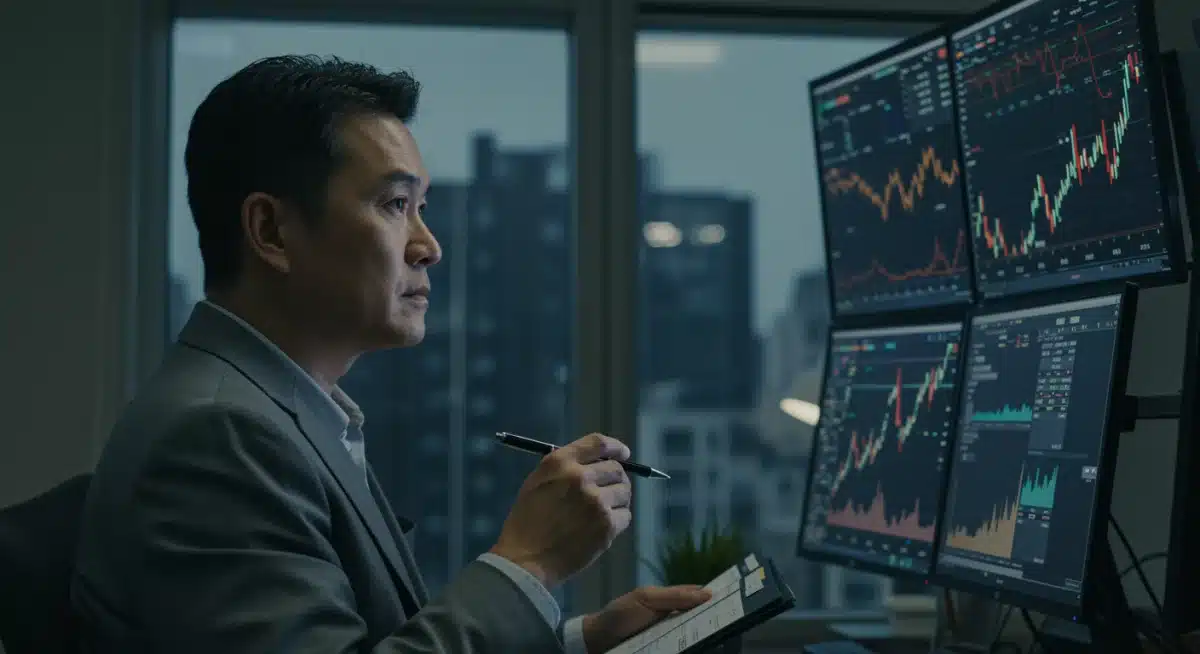 Persona analizando tendencias del mercado y noticias económicas en una pantalla digital.