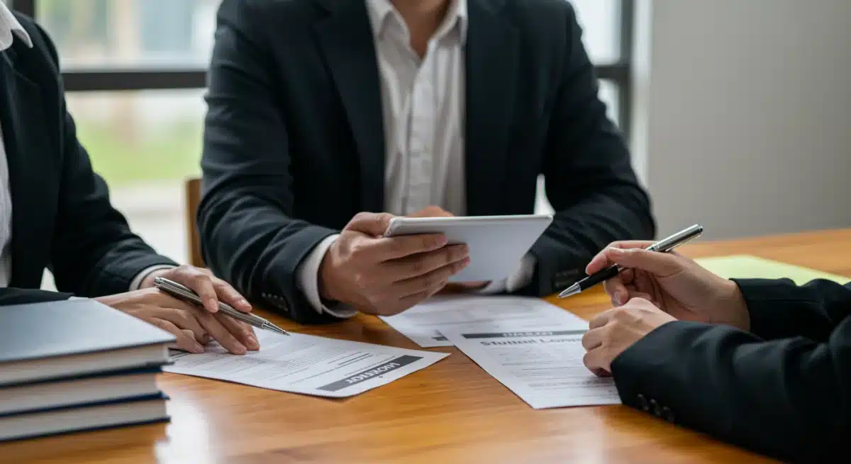 Asesor financiero explicando estrategias de refinanciación de deuda educativa.