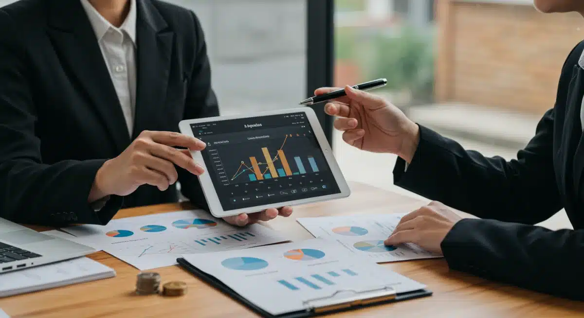 Asesor financiero explicando una cartera de inversión diversificada a un cliente en España.