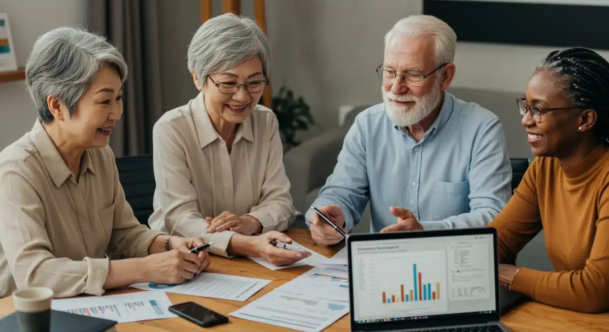 Grupo de personas mayores sonriendo discutiendo documentos con un portátil, asesorándose sobre fiscalidad de pensiones.