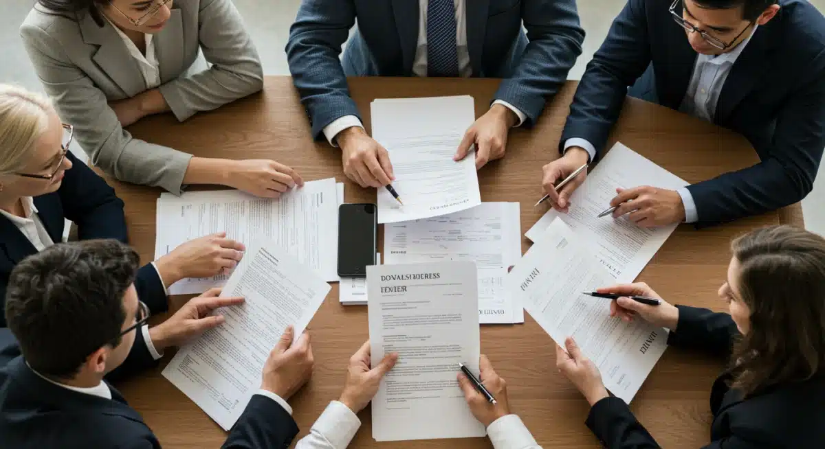 Grupo de personas dialogando y revisando documentos, ilustrando la importancia de la asesoría fiscal para el IRPF.