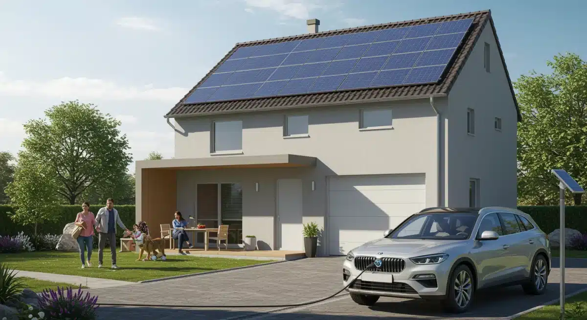 Familia disfrutando de hogar sostenible con paneles solares y coche eléctrico, representando el autoconsumo.