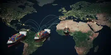 Mapa global con rutas comerciales y un enfoque en España, simbolizando el comercio internacional y la balanza comercial española.