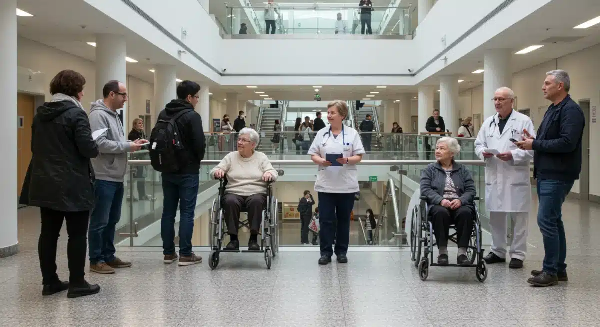 Ciudadanos españoles beneficiándose de servicios públicos esenciales como educación y sanidad, reflejando el impacto del gasto social.