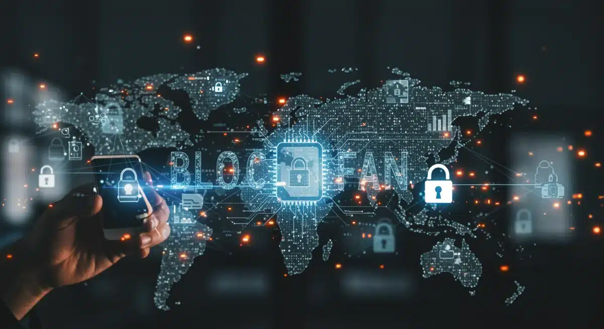 Representación visual de la tecnología blockchain y la inteligencia artificial en la gestión de transacciones financieras.