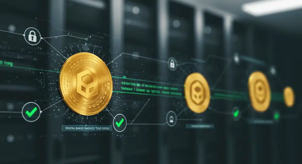 Pantalla de blockchain mostrando transacciones de tokens de oro, con elementos de seguridad y transparencia digital.