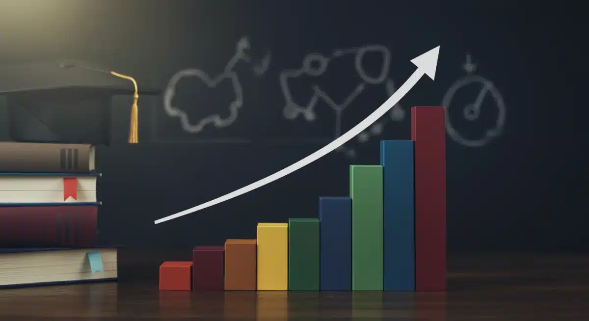 Gráfico de barras ascendente mostrando un buen historial de crédito con símbolos educativos.