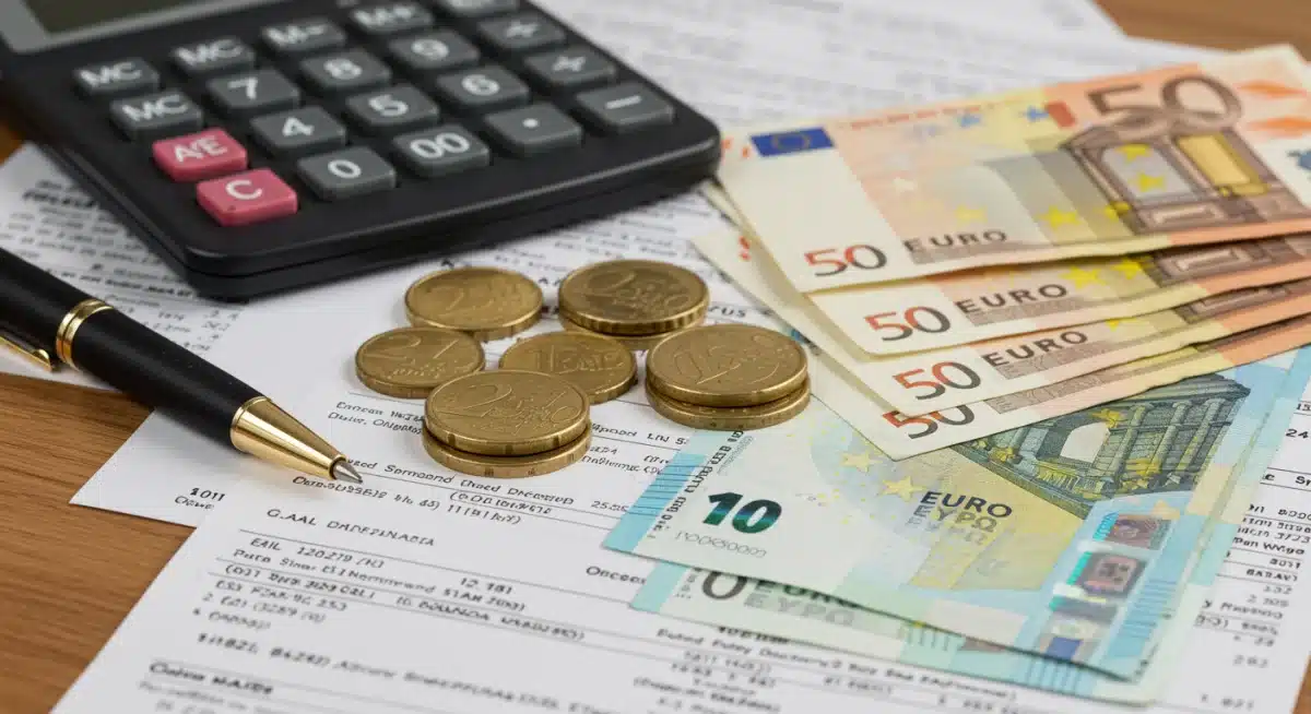Calculadora, bolígrafo y billetes de euro sobre documentos fiscales, representando los cálculos del IRPF.