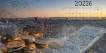 Calendario fiscal 2026 con símbolos financieros y skyline de España, representando la planificación tributaria.