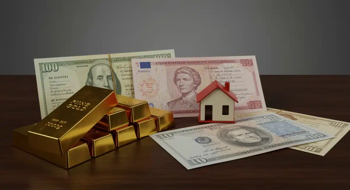 Cartera de inversión diversificada con oro, bienes raíces y bonos del estado.