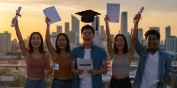 Jóvenes celebrando la reducción de su deuda educativa en un entorno urbano al atardecer.