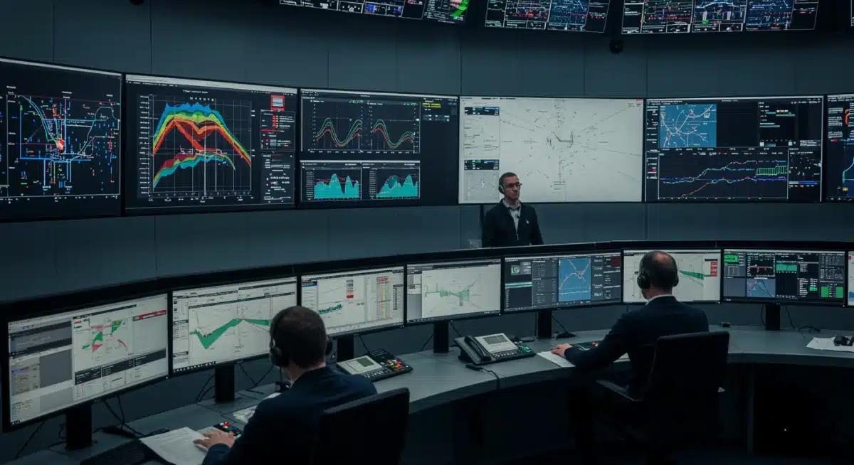 Centro de control de red eléctrica moderna, monitoreando la integración de energías renovables y la estabilidad del sistema.