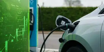 Coche eléctrico cargándose en un punto de recarga con gráficos de ahorro y sostenibilidad de fondo