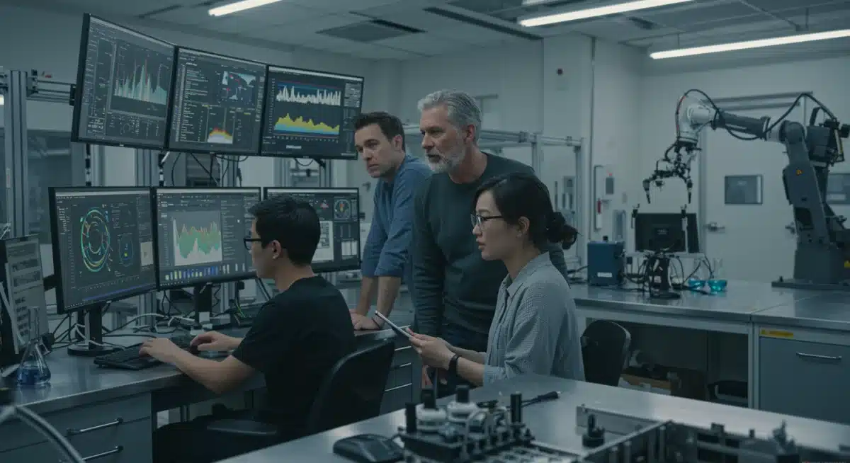 Científicos y ingenieros colaborando en un laboratorio moderno, discutiendo datos de investigación.