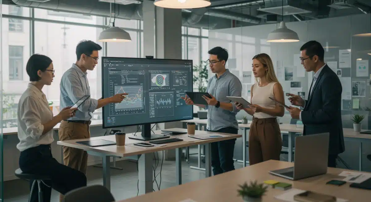 Equipo de profesionales colaborando en un entorno de trabajo híbrido y digital